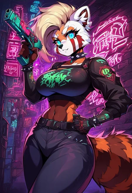 action anime, close-up of a young furry lexia with pastel pink and blonde hair, red panda, huge breast, wearing a crop top with a cute graphic print, aiming a handgun with a serious expression; heavy eyeliner and a spiked choker add to her edgy scene style, neon lights softly glowing in the background, capturing a mix of innocence and danger in a gritty urban night scene, anime, cyberpunk, trigger finger, ANIMEShader, CyberPsycho