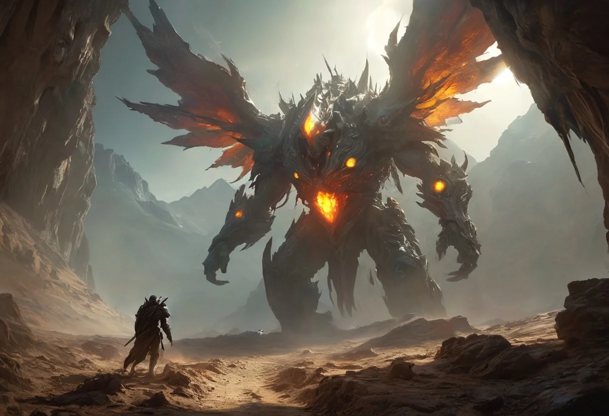 A hero shot of a wandering glorious archangel in glowing armor and a tattered backlit cape and wielding a ponderous sword, with focus on an extremely detailed panoramic background view of a vast desert with towering dunes, swirling sand and dust in the wind, snowcapped mountains in the distance, and megastructures on the horizon. Intriguing, stunning, gorgeous, mysterious, undiscovered, terrifying, epic, sci-fi, fantasy scene. Semirealistic, mixed media, ultra-detailed, ray-traced, award-winning, light leaks, lens flare, volumetric light scattering, high contrast, implied motion, deep depth of field, colorful, complementary colors, color graded, (visual flow by Ian Plant:1.3), (details by Greg Rutkowski:1.2)