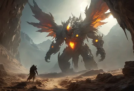 A hero shot of a wandering glorious archangel in glowing armor and a tattered backlit cape and wielding a ponderous sword, with focus on an extremely detailed panoramic background view of a vast desert with towering dunes, swirling sand and dust in the wind, snowcapped mountains in the distance, and megastructures on the horizon. Intriguing, stunning, gorgeous, mysterious, undiscovered, terrifying, epic, sci-fi, fantasy scene. Semirealistic, mixed media, ultra-detailed, ray-traced, award-winning, light leaks, lens flare, volumetric light scattering, high contrast, implied motion, deep depth of field, colorful, complementary colors, color graded, (visual flow by Ian Plant:1.3), (details by Greg Rutkowski:1.2)