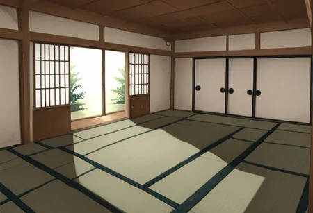 great quality,no humans, (almic:0.9),(ogipote,akakura:0.8),(sincos,karyln,momisan :0.8), ,,tatami room,indoors,tilt head,,sunlight,day,tatami,