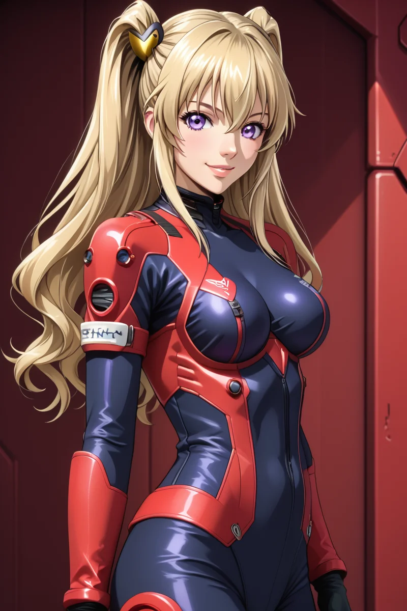 <lora:leila_malcal_CGA_pony:0.7>leila malcal, hair accessories, pilot suit, 1girl, solo, long hair, breasts, looking at viewer, smile, blonde hair, barrack, hair ornament, gloves, hair between eyes, twintails, medium breasts, standing, purple eyes, black gloves, bodysuit, <lora:Add_more_details_pony:0.8> proportional body, cowboy shot, contrapposto, sexy pose, cheerful, seductive smile, side view