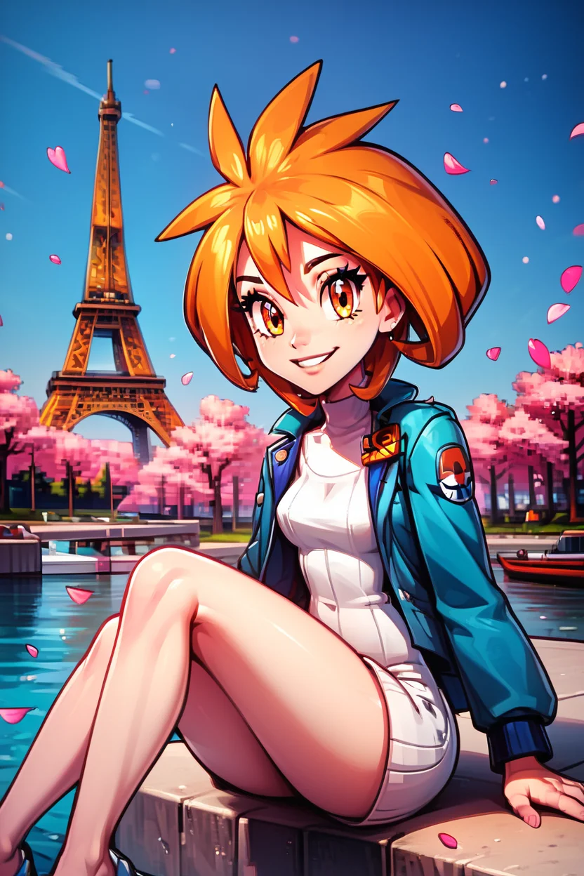 score_9, score_8_up, score_8, medium breasts, (curvy), cute, eyelashes,       BREAK, , zzbrigette,  short hair, orange hair, orange eyes, white sweater, turtleneck, blue jacket,   <lora:Brigette_Pokemon_PDXL:0.8>, , BREAK,  zzEiffelTower in background, sitting, watercraft, boat, sitting on wall, side view, looking at viewer, smile,  BREAK, blooming stars, luminescent petals, otherworldly fragrance blurry background, embedding:zPDXL, Expressiveh, <lora:EiffelTowerPDXL:1.0>,  <lora:CatalystStylePDXL:0.6>,  <lora:SDXLFaeTastic2400:0.5>,  <lora:Expressive_H-000001:0.4>,