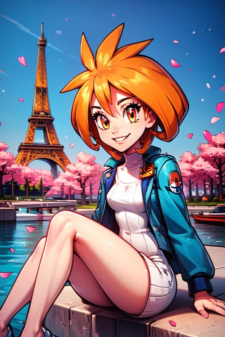 score_9, score_8_up, score_8, medium breasts, (curvy), cute, eyelashes, BREAK, , zzbrigette, short hair, orange hair, orange eyes, white sweater, turtleneck, blue jacket, <lora:Brigette_Pokemon_PDXL:0.8>, , BREAK, zzEiffelTower in background, sitting, watercraft, boat, sitting on wall, side view, looking at viewer, smile, BREAK, blooming stars, luminescent petals, otherworldly fragrance blurry background, embedding:zPDXL, Expressiveh, <lora:EiffelTowerPDXL:1.0>, <lora:CatalystStylePDXL:0.6>, <lora:SDXLFaeTastic2400:0.5>, <lora:Expressive_H-000001:0.4>,