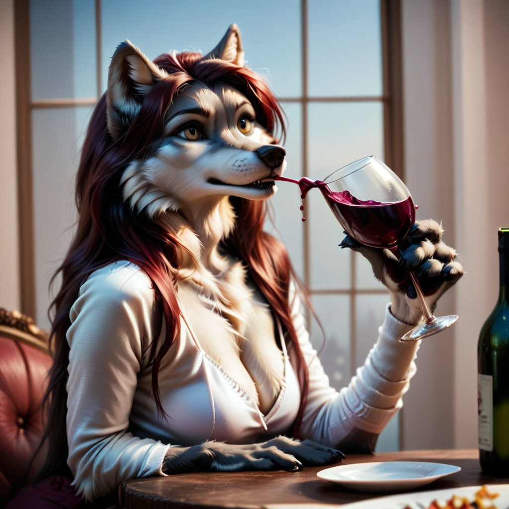 score_10, realistic style, detailed fur, anthro, furry, wolf, long hair, drinking wine, 1girl,