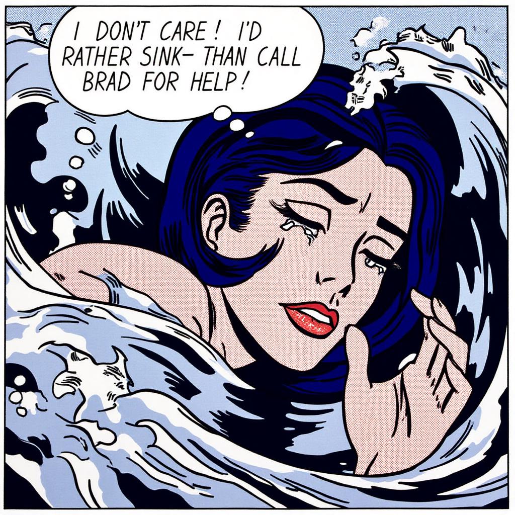 lichtenstein1 illustration.
A woman's head sinking in a choppy sea, with her shoulder and one hand visible above the water. She has long dark blue hair, her eyes closed, and tears streaming down her face.  There is a thought bubble containing the text "I DON'T CARE! I'D RATHER SINK -- THAN CALL BRAD FOR HELP!"
 <lora:lichtenstein1_cap_d6a3e8:1.0><lora:835925271740924808:0>