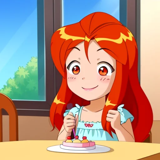 <lora:TotallySpies-16:0.8>, 1girl, toddler, 4yo little girl, preschool, birthday cake, smiling, blushing, shy, long hair, orange hair, chuby, chibi