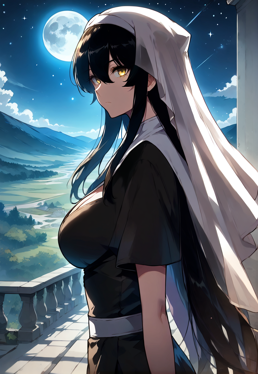 <lora:Isabelle:1>
1 girl, solo, black hair, very long hair, loose hair, hair between the eyes, yellow eyes, <lora:Eyes_High_Definition:1>, big breasts, cleavage, nun, white veil, short skirt, knee boots<lora:!action-sdxl-V0.5:1>
score_9, score_8_up, score_7_up, source anime, BREAK, 1girl, cowboy shot, (from side), looking back, looking at viewer, overlooking mountain, high altitude, scenery, exterior, background, (solo), night, starry sky, full moon, neutral expression, perfect hands  <lora:light:1>