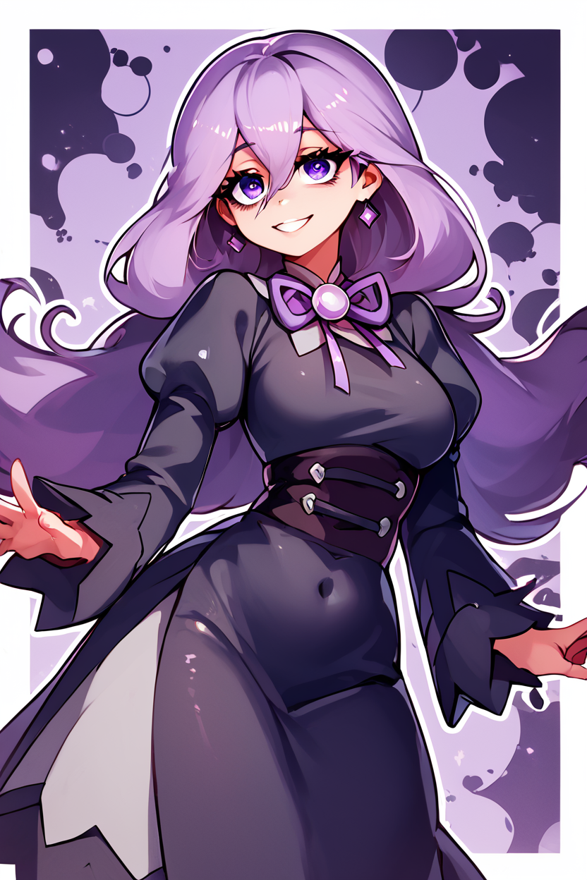 score_9, score_8_up, score_8, medium breasts, (curvy), cute, eyelashes,      ,,,  zzHexyZA, purple eyes, bags under eyes, hair between eyes, long hair, purple hair,   long sleeves, bow, jewelry, black dress, purple dress, black pantyhose, juliet sleeves, purple bow, purple bowtie,  <lora:HexManiacPokemonZA_PDXL:1.0>,   ,,, smile, looking at viewer,  abstract background, white outline,  ,,, embedding:zPDXL, Expressiveh, <lora:CatalystStylePDXL:0.6>,  <lora:SDXLFaeTastic2400:0.5>,  <lora:Expressive_H-000001:0.4>,