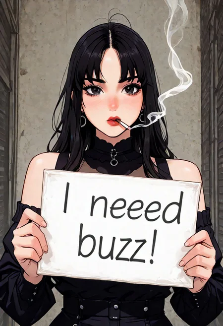 score_9, score_8_up, score_7_up, masterpiece, best quality, very aesthetic, detailed face, (dynamic:1.1), incoth, (incase:0.6), 1girl, black hair, long hair, black eyes, asian, goth, smoking, cigarette, light, smoke, curvy, upper body, (illustrative background, art illustration:1.1), keycolor, vibrant, need_buzz, holding sign,