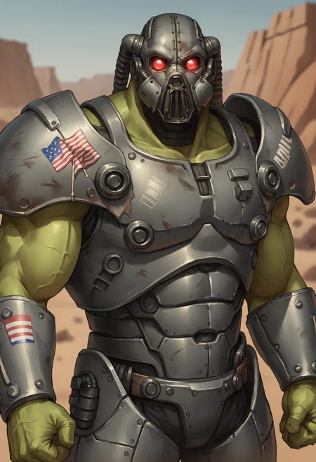 score_9, score_8_up, score_7_up, score_6_up, score_5_up, score_4_up, muscular male, solo, robot, monster, green skin, helmet, faceless, gasmask, tubes, power armor, gray armor, shoulder armor, american flag, red eyes, science fiction, fist pump, <lora:FrankHorrigan:0.5>,
desert wasteland background, blurry background,