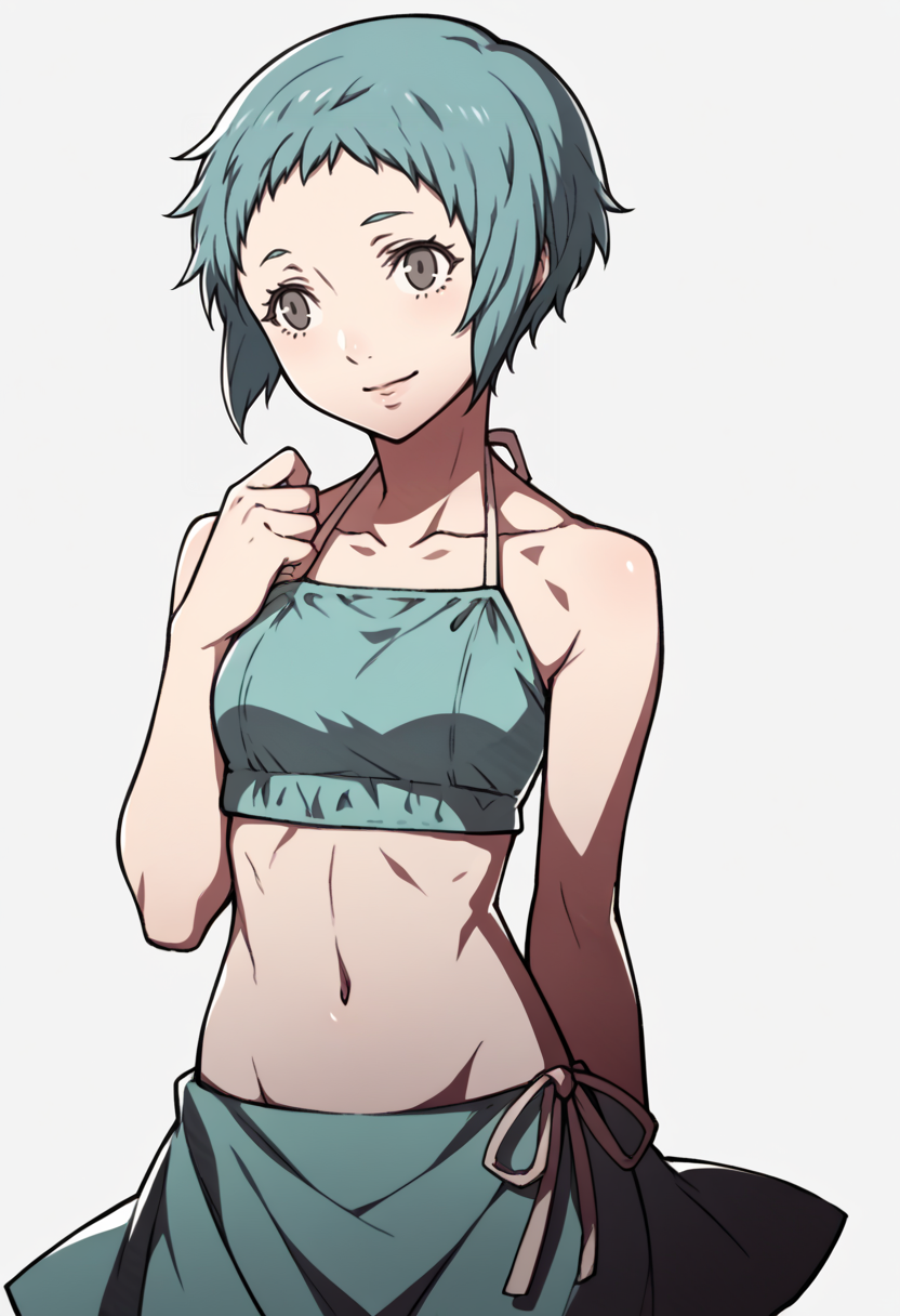 score_9, score_8_up, score_7_up, source_anime BREAK 1girl, solo,
 <lora:zs_FatesPortraitsXL:1> fatesportraits, portraits, white background
 <lora:zs_FuukaXL:1> fuukabikini, aqua hair, short hair, grey eyes, bikini, bikini skirt, midriff, navel, smile, plain background