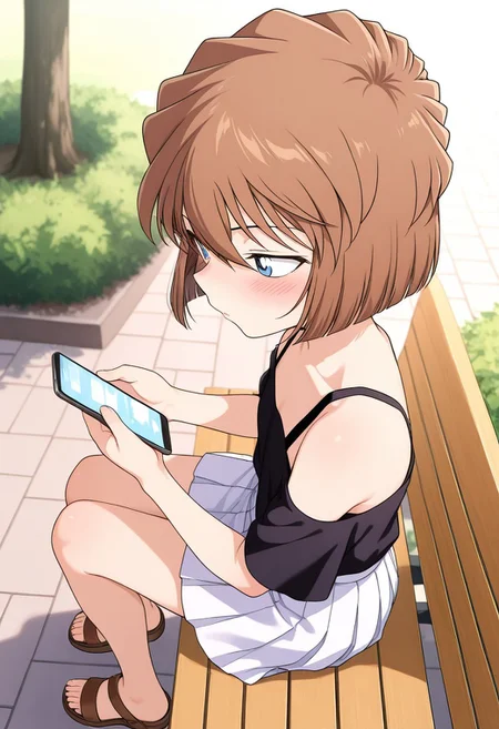 score_9,score_8_up,score_7_up,masterpiece,best quality,amazing quality,1girl, solo, (side view,from above),
haibara ai, short hair, brown hair, blue eyes, hair between eyes,primary school student,Black off-the-shoulder top, white pleated skirt, brown sandals,outside, park,morning, natural light
sitting, bench,looking at phone, blush,