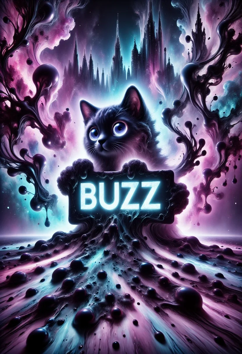 An image of an adorable purple kitten with cyberpunk aesthetics, sitting in a futuristic urban environment. The kitten has large, expressive LED eyes and a soft, fluffy coat, with patches of fur glowing in vibrant neon shades of teal, blue, and purple adding to its cuteness. Its collar has small LED lights that flicker with a soft, pulsing glow. In its paws, the kitten holds a sleek, metallic sign that reads 'BUZZ for purrs,' with the text illuminated in bold, neon green letters that stand out against the background. The cityscape behind the kitten is a mix of towering, futuristic skyscrapers adorned with glowing holographic ads, wires, and cables that drape down from various structures. Neon lights and signs in various colors (magenta, cyan, and electric blue) bathe the scene, casting vibrant reflections on the rain-slicked streets. The kitten's playful, innocent expression contrasts with the edgy, high-tech atmosphere, creating a delightful blend of cute and cyberpunk energy., DonM5h4d0wM317FX