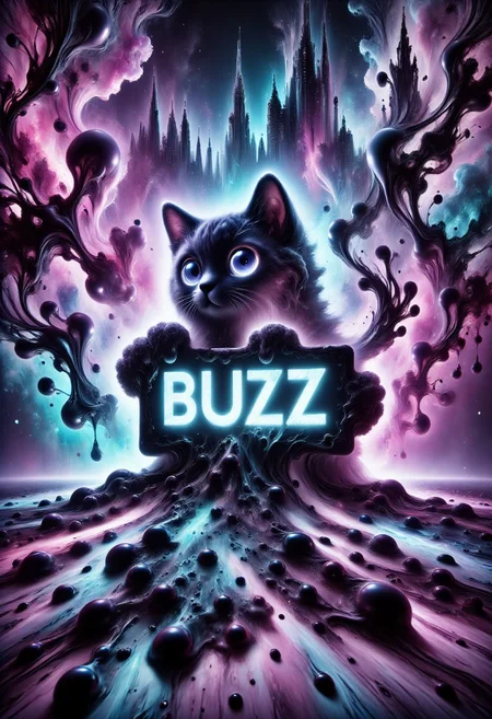 An image of an adorable purple kitten with cyberpunk aesthetics, sitting in a futuristic urban environment. The kitten has large, expressive LED eyes and a soft, fluffy coat, with patches of fur glowing in vibrant neon shades of teal, blue, and purple adding to its cuteness. Its collar has small LED lights that flicker with a soft, pulsing glow. In its paws, the kitten holds a sleek, metallic sign that reads 'BUZZ for purrs,' with the text illuminated in bold, neon green letters that stand out against the background. The cityscape behind the kitten is a mix of towering, futuristic skyscrapers adorned with glowing holographic ads, wires, and cables that drape down from various structures. Neon lights and signs in various colors (magenta, cyan, and electric blue) bathe the scene, casting vibrant reflections on the rain-slicked streets. The kitten's playful, innocent expression contrasts with the edgy, high-tech atmosphere, creating a delightful blend of cute and cyberpunk energy., DonM5h4d0wM317FX