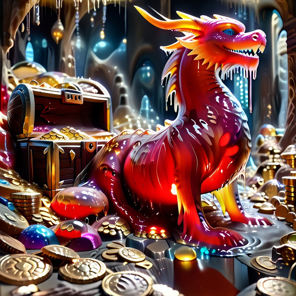 1dragon, highly detailed red dragon, Red dragon made out of slime, scaly red slime dragon, slime dragon with blue eyes, red slime dragon laying in its hoard, 
multi-colored gems made out of slime, in a room of treasure made out of slime,  gold coins and bars made out of slime, wood-like treasure chest made out of slime, wood-colored slime chest, individual coins made out of slime, gold slime coins, piles of coins, 
treasure-room, treasure, treasure chest, gemstone, coins, gold bars, gold pile, 
everything made of slime, No simple background,
((translucent slime)), ((transparent slime)), (bioluminescent slime), sl1m3, slime, ais-blmn, watce, je11y, thickwater, great lighting, ral-lava, even lighting, no bright spots,