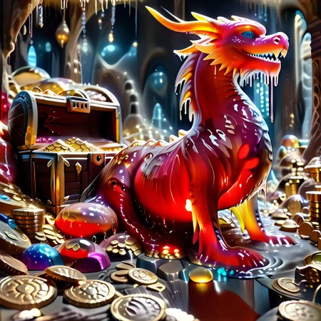 1dragon, highly detailed red dragon, Red dragon made out of slime, scaly red slime dragon, slime dragon with blue eyes, red slime dragon laying in its hoard,
multi-colored gems made out of slime, in a room of treasure made out of slime, gold coins and bars made out of slime, wood-like treasure chest made out of slime, wood-colored slime chest, individual coins made out of slime, gold slime coins, piles of coins,
treasure-room, treasure, treasure chest, gemstone, coins, gold bars, gold pile,
everything made of slime, No simple background,
((translucent slime)), ((transparent slime)), (bioluminescent slime), sl1m3, slime, ais-blmn, watce, je11y, thickwater, great lighting, ral-lava, even lighting, no bright spots,