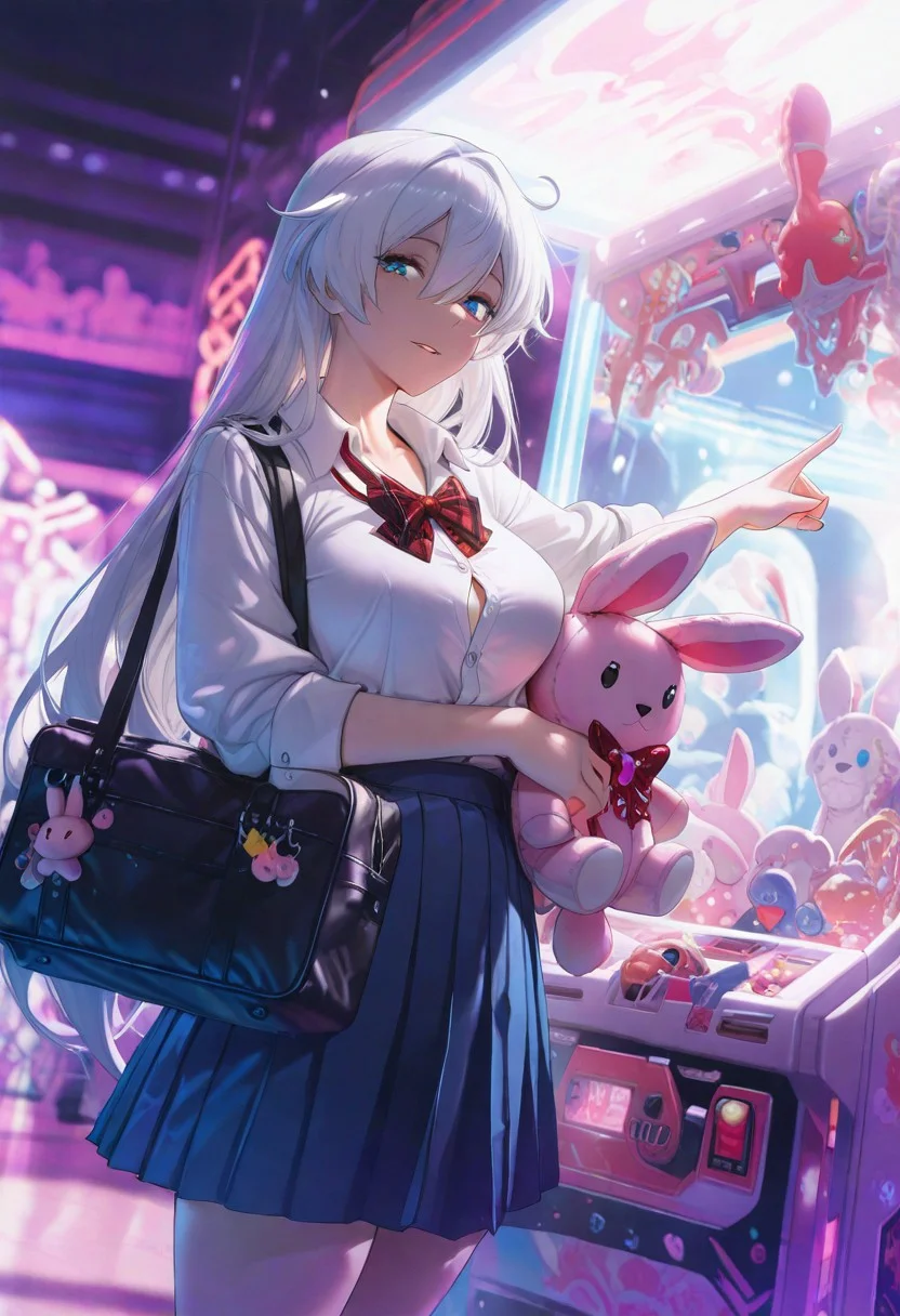 masterpiece,best quality,amazing quality,newest,absurdres,highres, newest,
,side view,from below,dutch angle,
1girl, kiana kaslana, beautiful face, perfect eyes, detailed eyes,(slim body:1.2),mature female,
white hair,long hair,
blue eyes ,looking at viewer, 
parted lips, light smile,
large breasts,
seifuku,unworn red plaid bowtie,blue pleated skirt,collarbone, collared shirt,,(button gap:0.6) ,
hugging pink rabbit plushie,school bag,pointing,trinket, 
arcade,claw machine,
detailed background, volumetric lighting, depth of field, shadow,