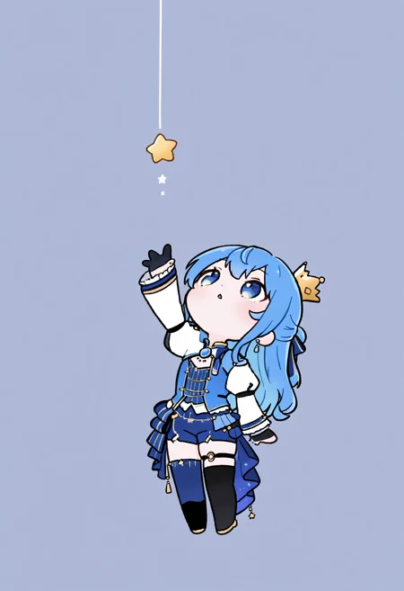 <lora:ChamHoshimachiSuiseiNoob:1>, Su1se1Stllr, blue eyes, blue hair, long hair, half updo, tilted crown, white shrug \(clothing\), juliet sleeves, blue brooch, blue pinstripe shirt, blue vest, half gloves, blue shorts, half-skirt, o-ring thigh strap, single thigh boot,
<lora:Style_KikivVmal:1>, chibi, simple background, star \(symbol\), reaching, hand up, star \(symbol\), looking up, head back, plantar flexion, masterpiece, best quality