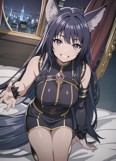 masterpiece, highres, highest quallity, illustration, cinematic light, ultra detailed, best quality, hyper detailed, masterpiece, highest details, 1girl, dynamic angle, luminous eyes, detailed eyes, detailed face, light smile, standing, animal_ears, black_hair, long_hair, looking_at_viewer, low-tied_long_hair, purple_eyes, smile, solo, very_long_hair, dynamic angle, detailed, fox_tail, <lora:deltaTheEminenceIn_deltaV1:0.7>, ((in room, bed, night window))