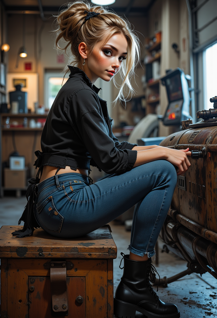 profile headshots, She is approximately 18 years old, full body view, dynamic angles, multiple angles, photoshoot poses; A photo of Cynthia, is painted in a realistic style. She is wearing a blue shirt and a black jacket, blue jeans and black boots,and her hair is in a bun. she is working on a land speeder in a mechanic shop, indoors,  The painting captures her smiling expression and the details of her outfit. which adds to the focus on the girl's face and her outfit. The overall composition is a beautifully rendered portrait of a young girl. 32k UHD, expressive eyes, punk, graphic design, girl's face, pretty and cute, gleaming lips, telling a tale of adventure. Exuding confidence and serenity. The overall mood of the image is happy and relaxed,detailed skin texture,(blush:0.2),(goosebumps:0.3),subsurface scattering,with a playful and whimsical tone, aidmaHyperrealism, aidmarealisticskin,Niji style,