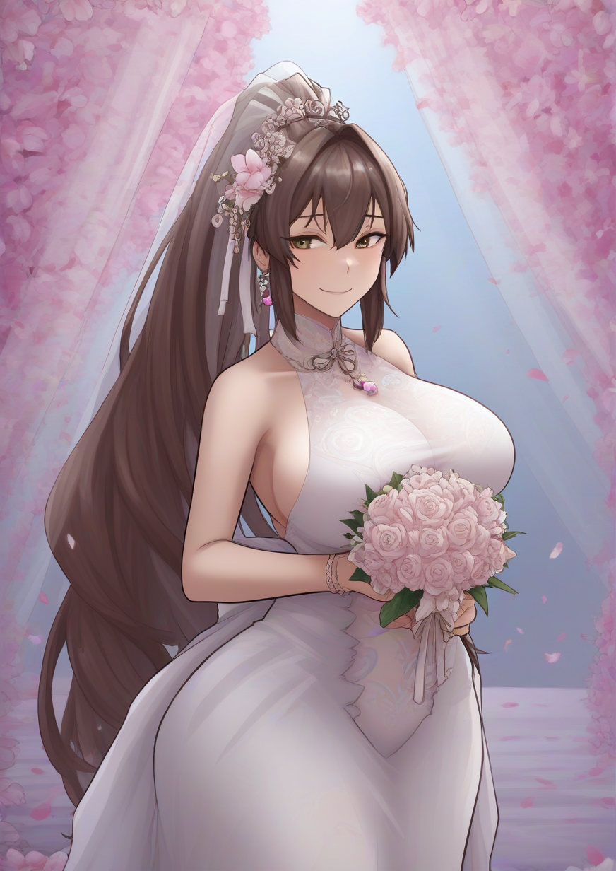 1girl, yamato (kancolle), huge breast, alternate costume, bouquet, breasts, bridal veil, bride, brown eyes, brown hair, cherry blossoms, dress, flower, hair between eyes, hair flower, hair intakes, hair ornament, holding, holding bouquet, jewelry, long hair, ponytail, ring, sidelocks, sleeveless, sleeveless dress, smile, solo, veil, very long hair, wedding dress, wedding ring, white dress, white flower, white veil, zPDXL3, <lora:DrySeaweed_r2:1>