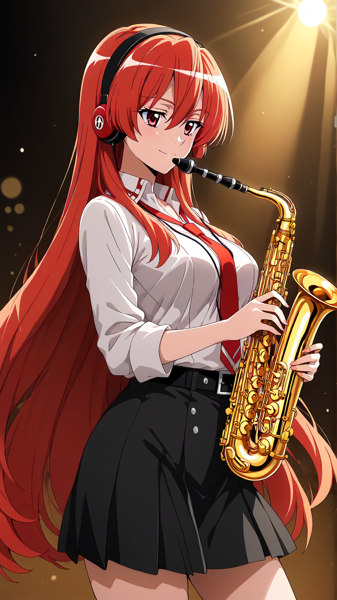 Chelsea (Akame ga Kill), long auburn hair light red, headphone accessory on her head, masterpiece, best quality, solo, anime style, 1girl, performing jazz music, jazz club setting, holding saxophone, smoky background, stage spotlight, 1940s aesthetic, confident expression, detailed background, perfect hands, detailed fingers, five fingers, beautiful hands, (full body:-0.15), (nsfw:1.3)