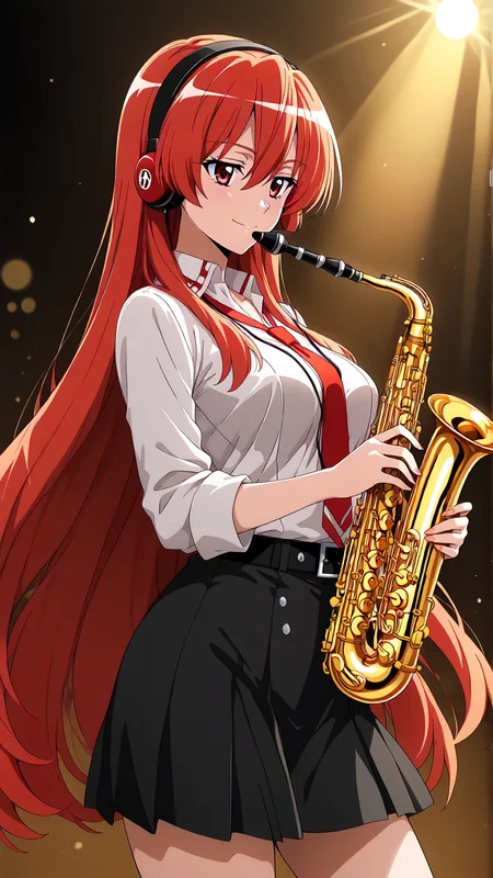 Chelsea (Akame ga Kill), long auburn hair light red, headphone accessory on her head, masterpiece, best quality, solo, anime style, 1girl, performing jazz music, jazz club setting, holding saxophone, smoky background, stage spotlight, 1940s aesthetic, confident expression, detailed background, perfect hands, detailed fingers, five fingers, beautiful hands, (full body:-0.15), (nsfw:1.3)