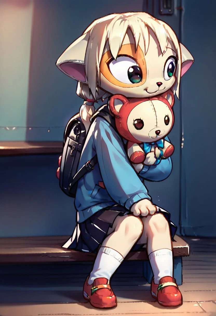 <lora:Paige_v2_r1:0.8>,
score_9,score_8_up,score_7_up,paige,
1girl,solo,furry,
backpack,
+ book 45886
+ clothes 678602
+ cute 280150
+ pigtails 7342
+ pleated skirt 4729
+ plushie 32383
- shoes 65387
+ school background 638879
+ sitting 100168
+ skirt 60168
+ socks 109400
+ tying shoes 8
+ weapons-grade cute 4952
+ younger