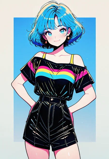 masterpiece, best quality, 1girl, solo, eyelashes, (beautiful eyes), 1girl, solo, looking at viewer, blush, smile, short hair, bangs, blue eyes, shirt, bare shoulders, jewelry, blue hair, collarbone, short sleeves, cowboy shot, earrings, shorts, striped, off shoulder, gradient, black shorts, hands on hips, high-waist shorts, <lora:80sPopStyle_IXL_v1:1.0>,