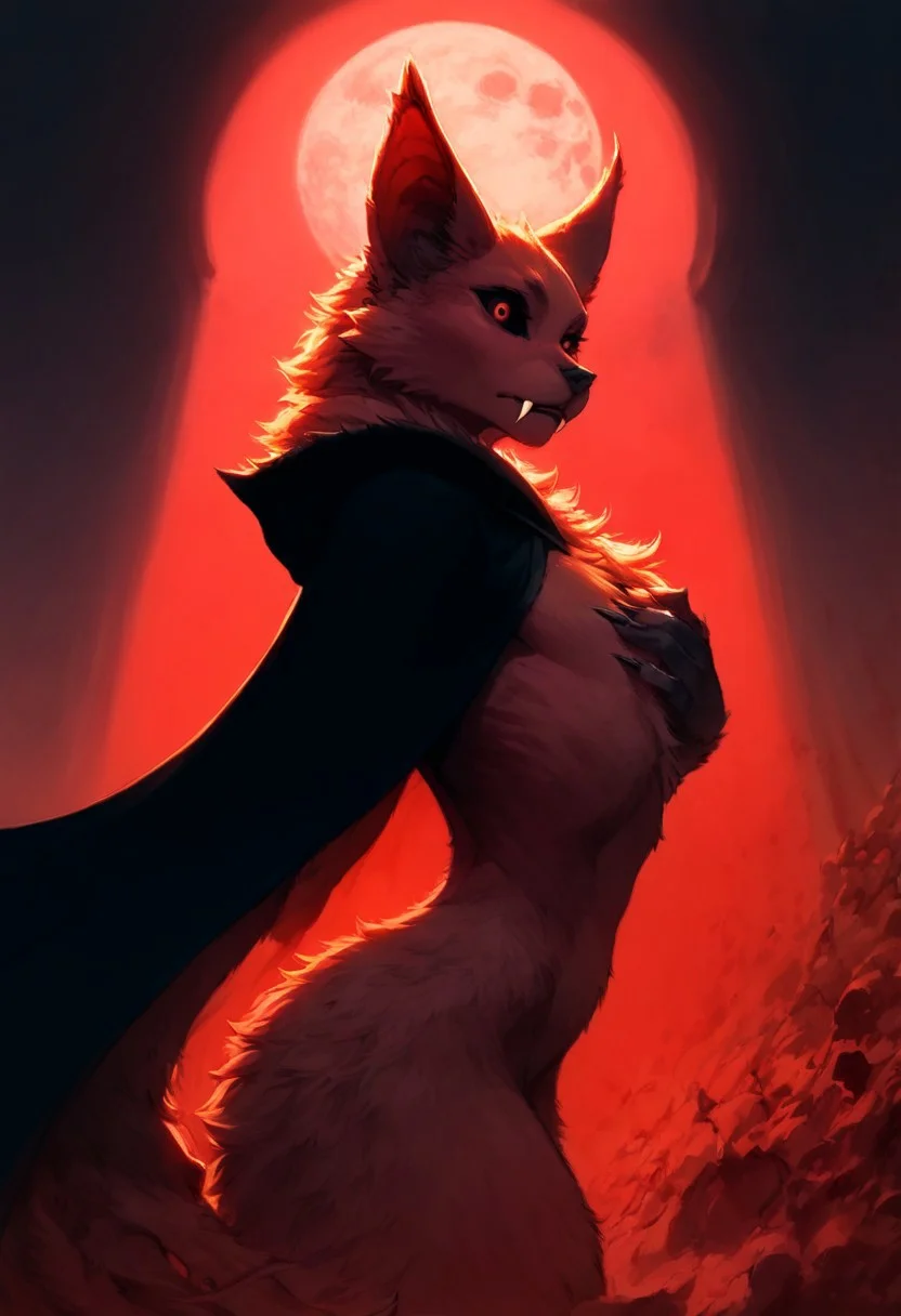 score_9, score_8_up, score_7_up, beautiful monster girl, 1 vampire bat, fur, two toned fur, furred body, fur along chest, extremely detailed, f4ng, sharp fangs, hiding, low light, in shadow, fur around neck, bat ears, close up:2, perfect teeth, back lighting, dynamic red lighting, small chest, covering body, (back to viewer), blood moon, fur covering nipples, covered in cloak, detailed fur, long black cloak, skin texture, ((view from behind)), intrigued face, covered, vestigial wings, pubic tuft, looking over shoulder, wide hips, thin waist, curvy body, large eyes, wide eyes, black sclera, black pupils, glossy eyes, from side, from below, easynegative
