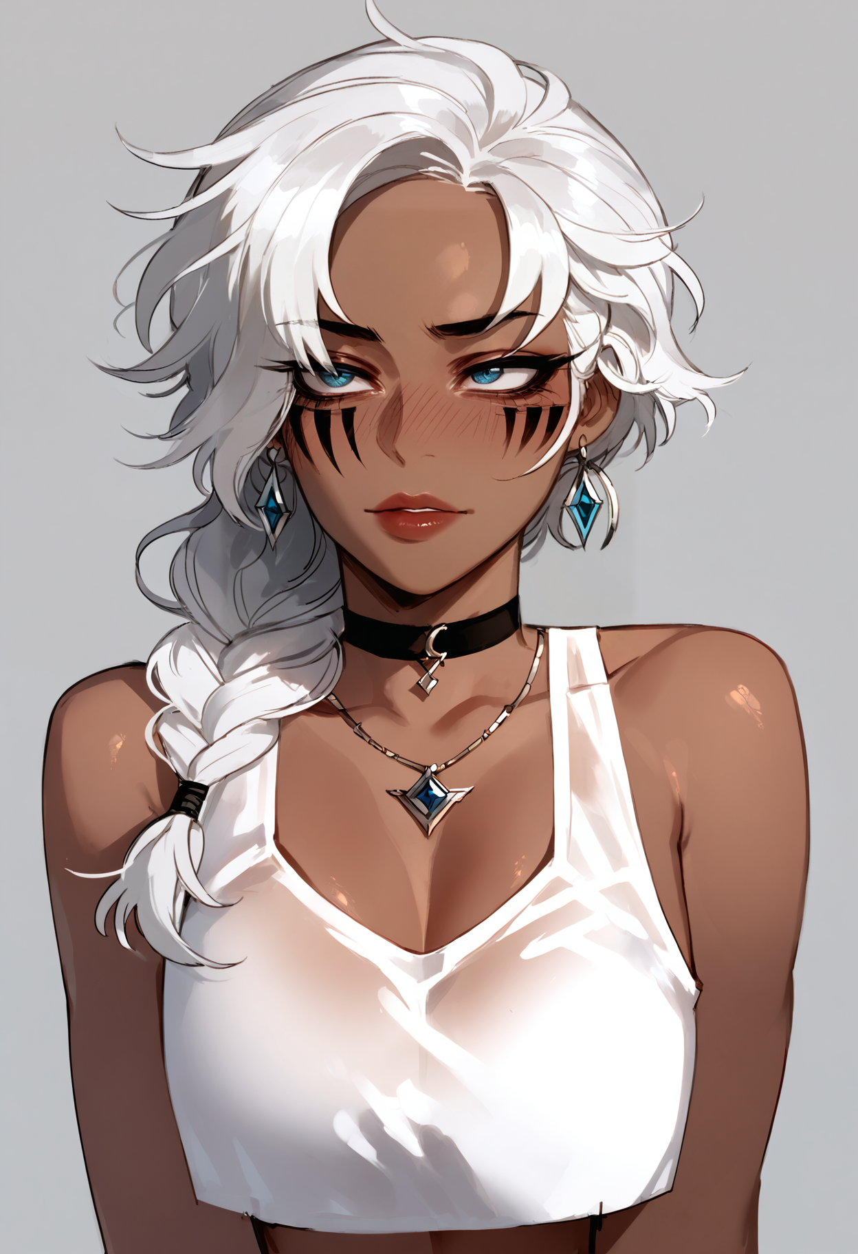 score_9, score_8_up, score_7_up, score_6_up, score_5_up, score_4_up,
<lora:Ratatatat74PonyXLv2:1> r4tr4t,
, 1girl, solo, long hair, breasts, jewelry, bare shoulders, upper body, white hair, grey hair, braid, earrings, choker, midriff, dark skin, necklace, bracelet, crop top, dark-skinned female, looking to the side, lips, black choker, facial mark, tank top, pendant, white tank top