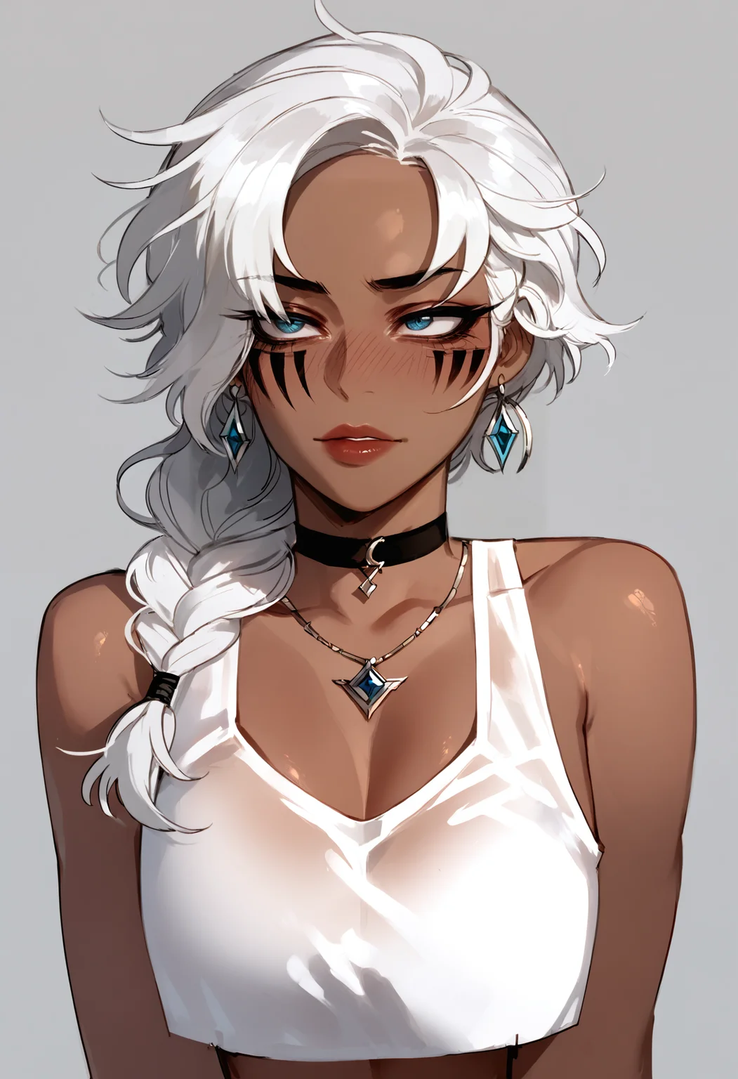 score_9, score_8_up, score_7_up, score_6_up, score_5_up, score_4_up,
<lora:Ratatatat74PonyXLv2:1> r4tr4t,
, 1girl, solo, long hair, breasts, jewelry, bare shoulders, upper body, white hair, grey hair, braid, earrings, choker, midriff, dark skin, necklace, bracelet, crop top, dark-skinned female, looking to the side, lips, black choker, facial mark, tank top, pendant, white tank top