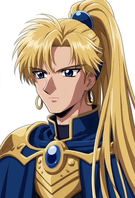 mkr style, 1boy, solo, blonde hair, male focus, jewelry, earrings, armor, blue eyes, cape, white background, ponytail, long hair, upper body, anime coloring, 2d, flat coloring, cel shading, cel shaded, BREAK PonyXLV6_Scores