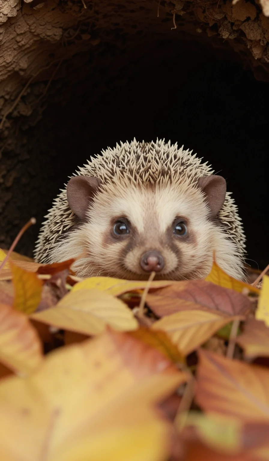 A close-up shot of a cute hedgehog poking its head out from a burrow made of autumn leaves, with a soft, blurred background. The lighting is warm, and the composition emphasizes the hedgehog's face and its immediate surroundings.