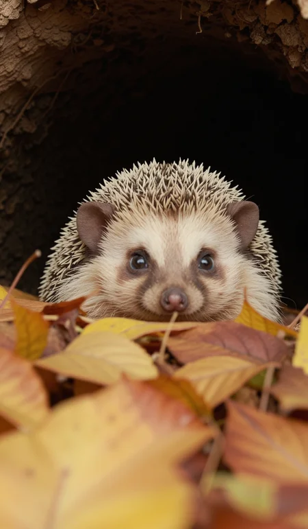 A close-up shot of a cute hedgehog poking its head out from a burrow made of autumn leaves, with a soft, blurred background. The lighting is warm, and the composition emphasizes the hedgehog's face and its immediate surroundings.