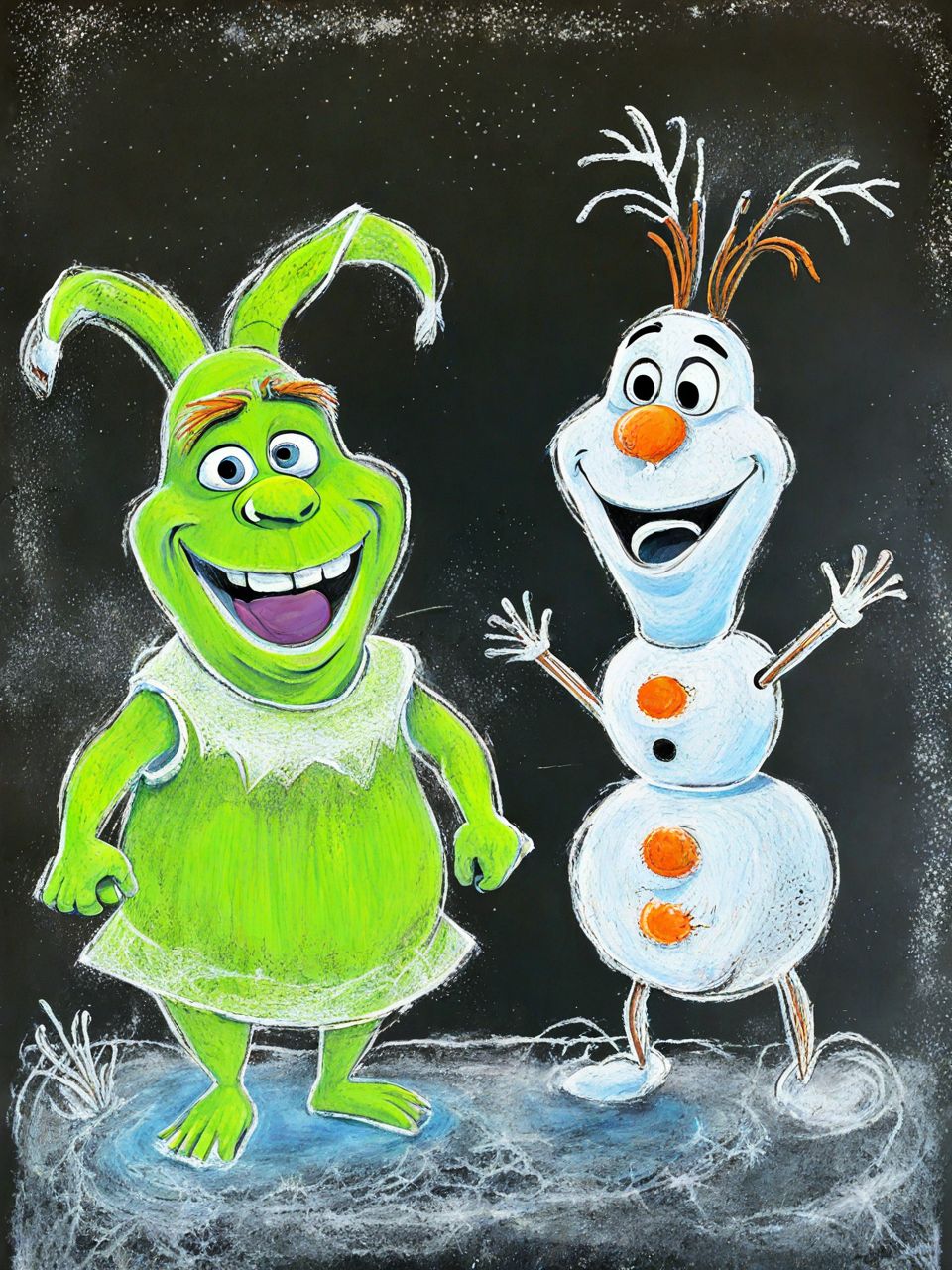 A silly ChalkBoardDrawing  of Shrek and Olaf on a frozen field <lora:SDXL_ChalkBoardDrawing_LoRA_r8:1.0>