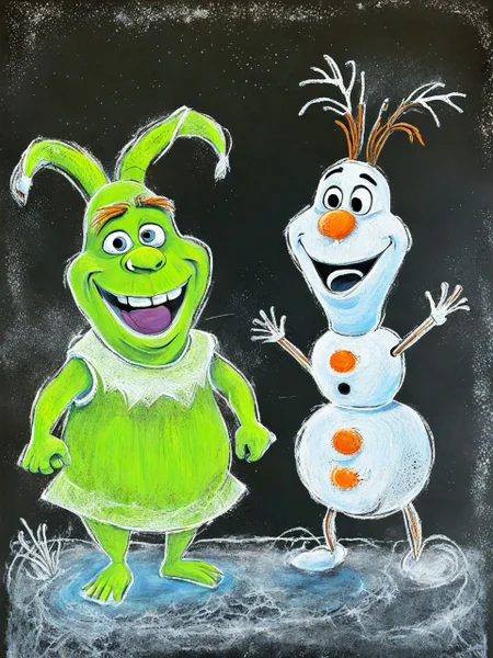 A silly ChalkBoardDrawing of Shrek and Olaf on a frozen field <lora:SDXL_ChalkBoardDrawing_LoRA_r8:1.0>