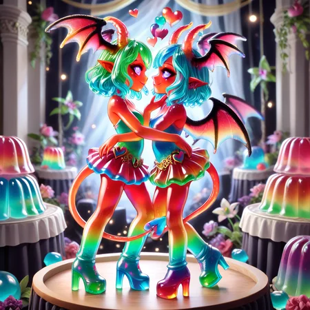 Jellystyle, fantasy style, 2 colorful jelly woman, couple dancing, demons, colored jelly skin, jelly demon wings, colorful jelly boots, heart-tipped tail, head wings, pointy ears, beautiful face, large eyes, dancing, jelly hearts <lora:Jelly_Style:0.97>