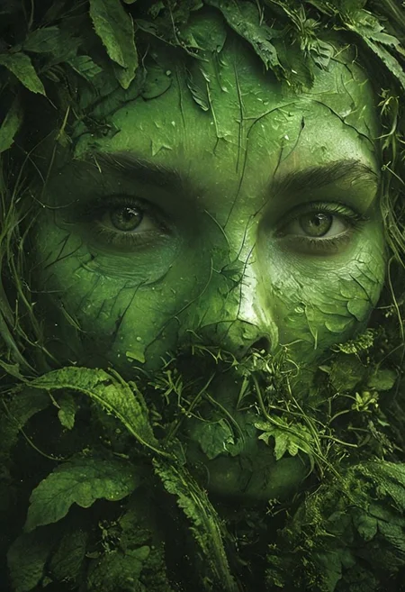 Capture a stunning Closeup of an ethereal midsummer witch upon a hill, from a mushroom in an eerie little beautiful Nature wood, armored dark Spirit wearing hooded Linen cape designed By Studio ghibli, masked with a Bright wooden birch Mask shaped Like a leaf, very detailed and vibrant outworn but colorful, She is wearing armor made entirely of grass, both dried and fresh. The grass is meticulously laid over her arms and limbs, securely fastened with ancient leather straps. , wielding colorful two-toned giant sword,
very detailed, Shot in UHD