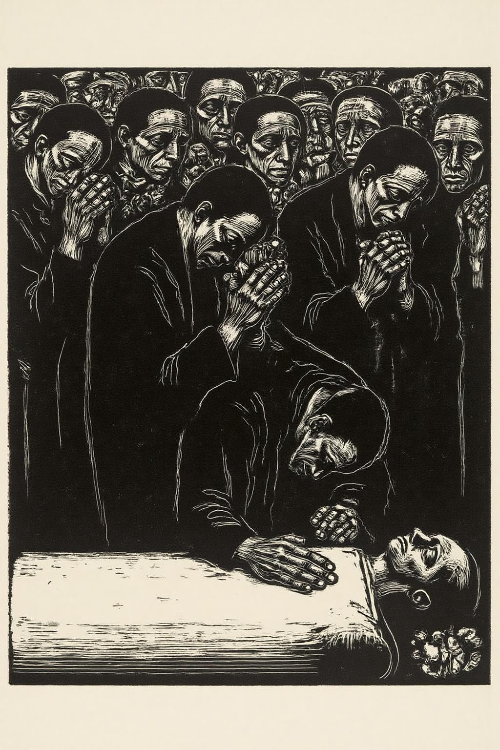 kako1 black and white woodcut print. 
a somber scene of people mourning at a funeral. The artwork is created using a high level of detail and contrast, with deep black lines against a white background, giving it a stark, dramatic appearance. The central figure is a man, likely a mourner, leaning over a coffin, his head bowed and hands clasped in a prayerful or contemplative gesture. <lora:kako3_woodcut_cap_d6a3e11:1.0><lora:817642192962190212:0>