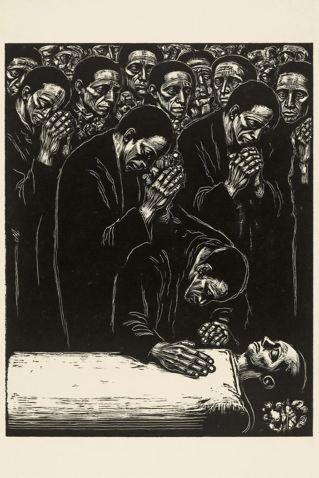 kako1 black and white woodcut print.
a somber scene of people mourning at a funeral. The artwork is created using a high level of detail and contrast, with deep black lines against a white background, giving it a stark, dramatic appearance. The central figure is a man, likely a mourner, leaning over a coffin, his head bowed and hands clasped in a prayerful or contemplative gesture. <lora:kako3_woodcut_cap_d6a3e11:1.0><lora:817642192962190212:0>