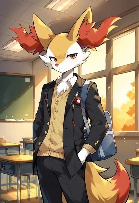 score_9, score_8_up, score_7_up, rating_safe, anthro, 1boy solo, furry, Braixen_(Pokemon), no humans, Yellow-White Fur, school uniform, gakuran, hand in pocket, pants, black pants, long sleeves, jacket, headphones,Braixen_\(Pokemon\), Yellow-White Fur,Two-Tone Fur,Crimson Eyes,Black furred legs,pointy ears,Red Ear Fluff,Red Tipped Tail, male school uniform,AddXL,ITMStyle, dynamic background, detailed background, school bag, indoors, school desk, classroom, carrying guitar case,