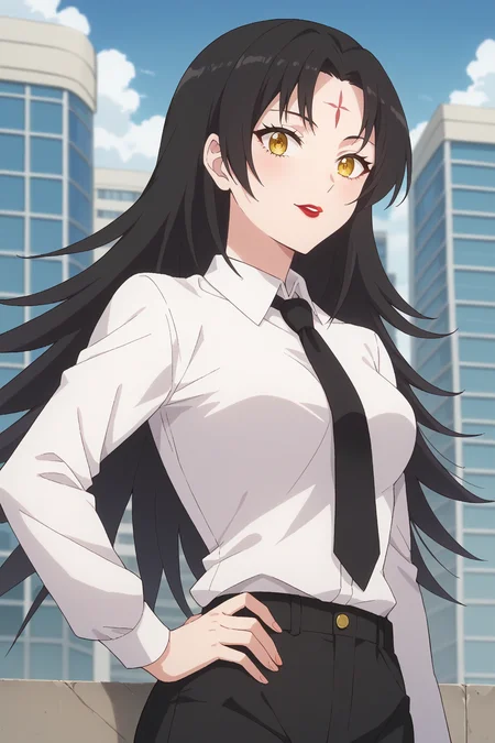 score_9, score_8_up, score_7_up, source_anime, 1girl, prefect lighting, very aesthetic, intricate details, highly detailed background, masterpiece, high quality, prefect hands, best quality, solo,
<lora:Magino_2.5_Dimensional_Seduction_V1:.85>, KJOmagino, black hair, yellow eyes, forehead mark, long hair, parted bangs, red lipstick,
White collared shirt, black necktie, black pants, long sleeves, white shirt,
standing, hand on own hip, from below, looking at viewer, upper body,
outdoors, city, day, rooftop,
(Beautiful, medium Breasts:1.2), natural breasts,
