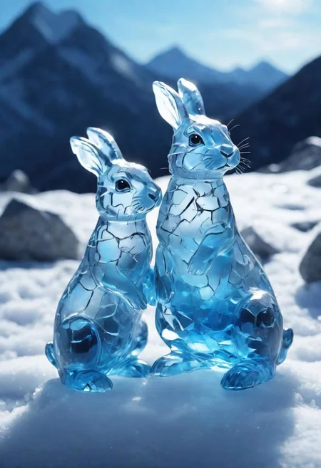 3 cute little glass bunnies on snow, Made_of_pieces_broken_glass, transparent, glowing light blue from the inside, dark blue moonless sky in the background, at night, night time, on mountain top, underexposed, 4k, 8k, dynamic composition, high detailed reflections, light refraction, light reflections, shallow depth of field, vignette, highly detailed, bokeh, moody, epic, gorgeous, film grain, grainy, snowing, snowstorm,