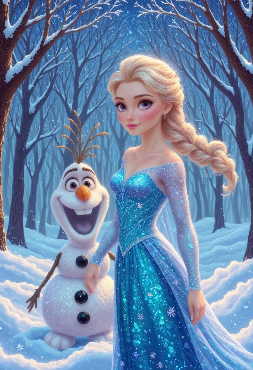 Elsa princess from Disney's Frozen. She's playing in the snow with Olaf the snowman. detailmaximizer