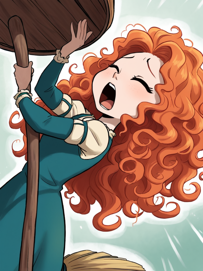 score_9, score_8_up, score_7_up, merida, a cartoon of a woman in a blue dress, 1girl, solo, long hair, open mouth, red hair, orange hair, broom, curly hair, green dress, bucket, yawning, ojou-sama pose,    <lora:princesscomic_pony_v1:0.95>