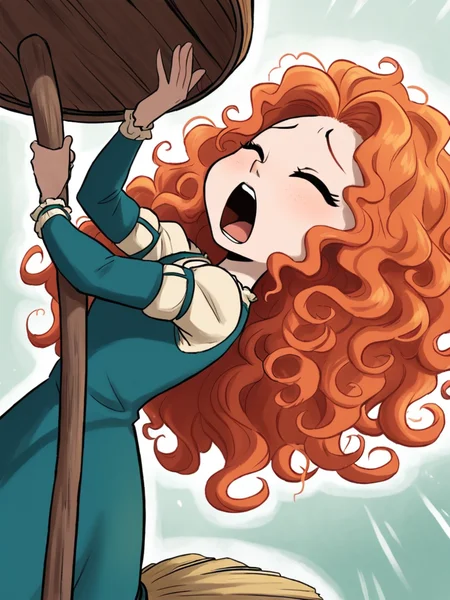 score_9, score_8_up, score_7_up, merida, a cartoon of a woman in a blue dress, 1girl, solo, long hair, open mouth, red hair, orange hair, broom, curly hair, green dress, bucket, yawning, ojou-sama pose,    <lora:princesscomic_pony_v1:0.95>