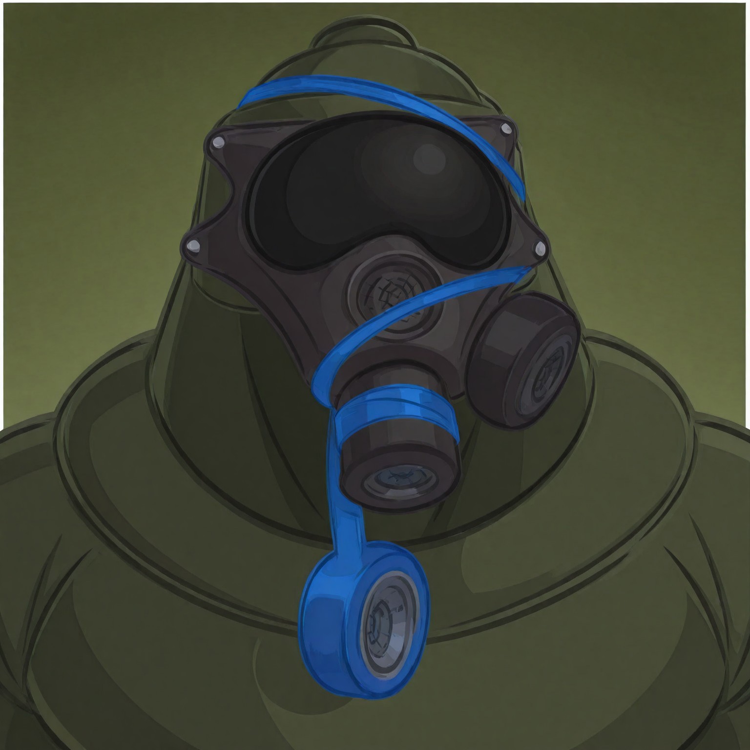 masterpiece, best quality, newest, absurdres, highres, white borders around characters, soft light, BREAK bara, muscular, 1man, male focus, male, male focus, 1boy, RandmDude34, tight hood, dark green hood, black Gas mask, blue tape, blue tape wrapped around the gas mask, {{beefy}}, {{muscular}}, {{large}}, close up to face,