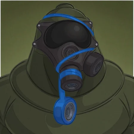 masterpiece, best quality, newest, absurdres, highres, white borders around characters, soft light, BREAK bara, muscular, 1man, male focus, male, male focus, 1boy, RandmDude34, tight hood, dark green hood, black Gas mask, blue tape, blue tape wrapped around the gas mask, {{beefy}}, {{muscular}}, {{large}}, close up to face,