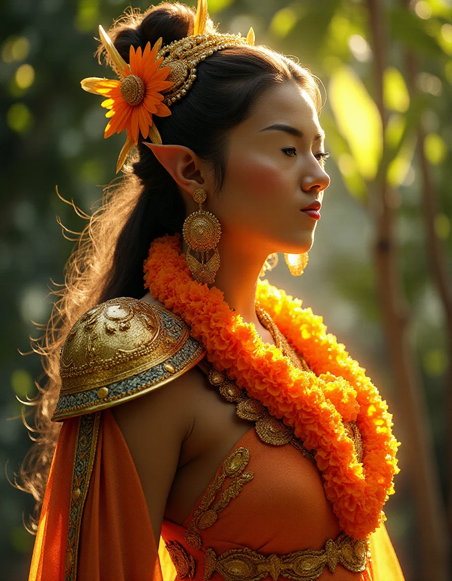 concept art, Weird Celestial (ral-smlfcs:1.1) in a Fae setting, wearing Illuminating Tahitian pareu, Thai hair styled as Nihongami, Brilliant Shoulder pads, Very wide view, Constructivism Art, L USM, D&D, fantastic, <lora:ral-smlfcs-flux-000010:1>, striking, cinematic, complex, highly detailed, elaborate, handsome, warm light